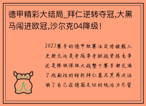 德甲精彩大结局_拜仁逆转夺冠,大黑马闯进欧冠,沙尔克04降级！