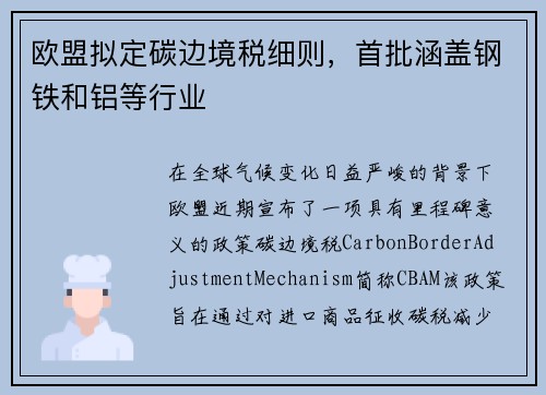 欧盟拟定碳边境税细则，首批涵盖钢铁和铝等行业