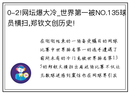 0-2!网坛爆大冷_世界第一被NO.135球员横扫,郑钦文创历史!