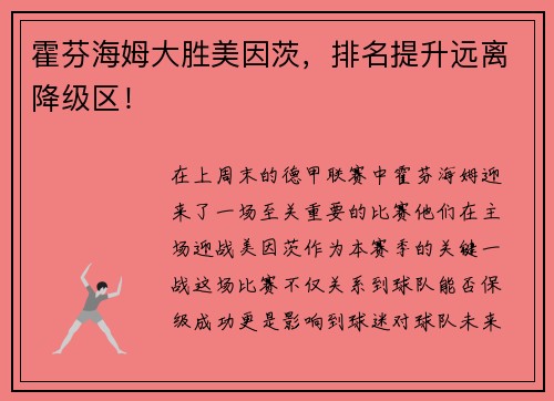 霍芬海姆大胜美因茨，排名提升远离降级区！