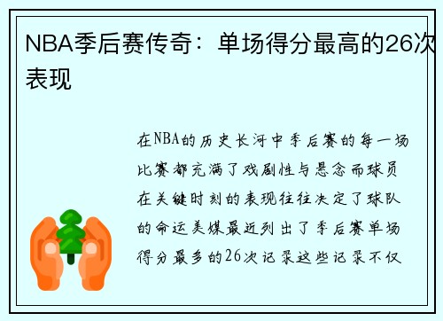 NBA季后赛传奇：单场得分最高的26次表现