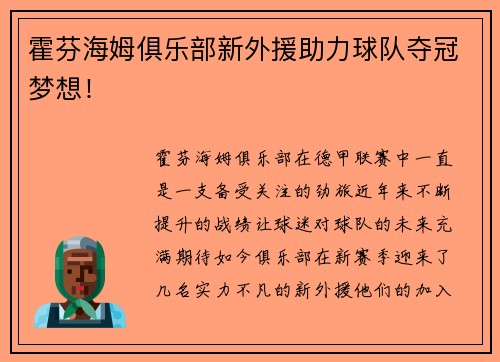 霍芬海姆俱乐部新外援助力球队夺冠梦想！