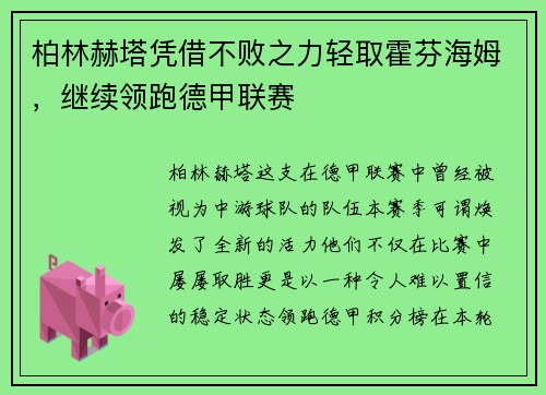 柏林赫塔凭借不败之力轻取霍芬海姆，继续领跑德甲联赛