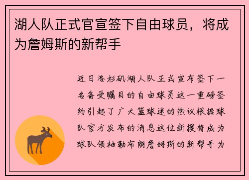 湖人队正式官宣签下自由球员，将成为詹姆斯的新帮手